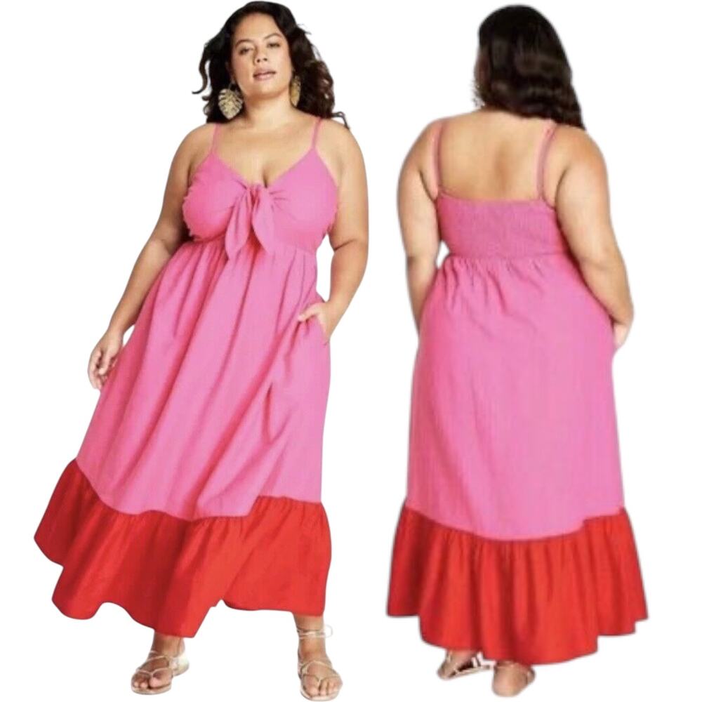 Tabitha Brown Dress Womens Size 1X Maxi Linen Vibrant Resortwear Barbiecore